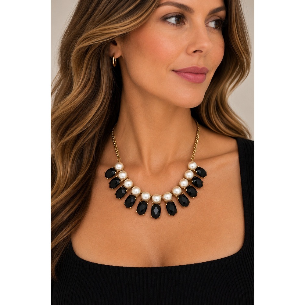Black Faux Pearl Gold Bib Necklace Statement Jewelry Acrylic Bead Elegant